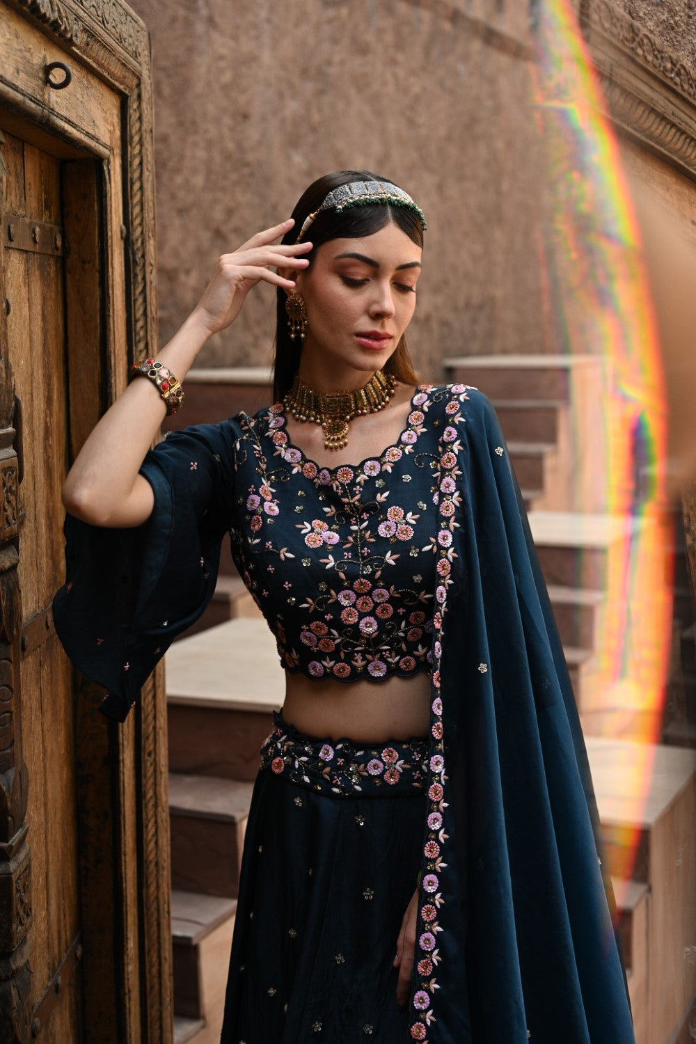 Blue Embellished Lehenga Set - M image