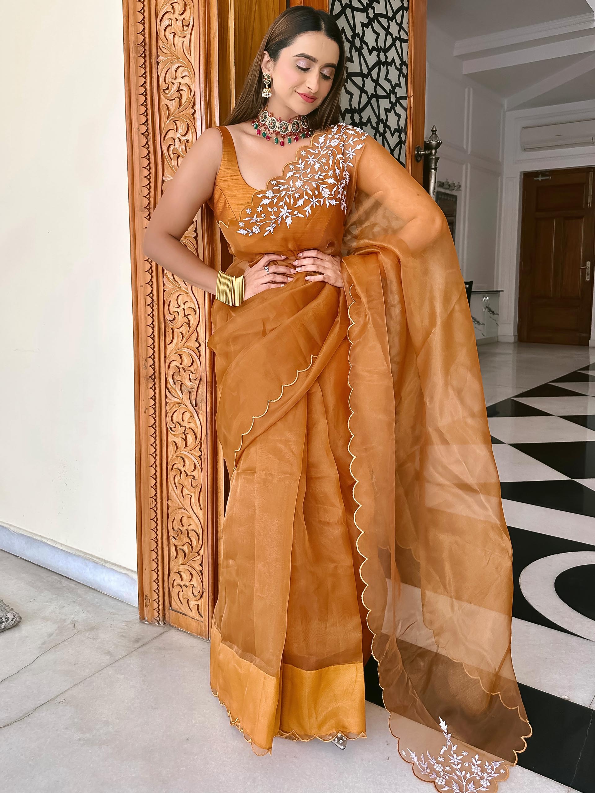 Dark Gold Orange Saree Set image 0