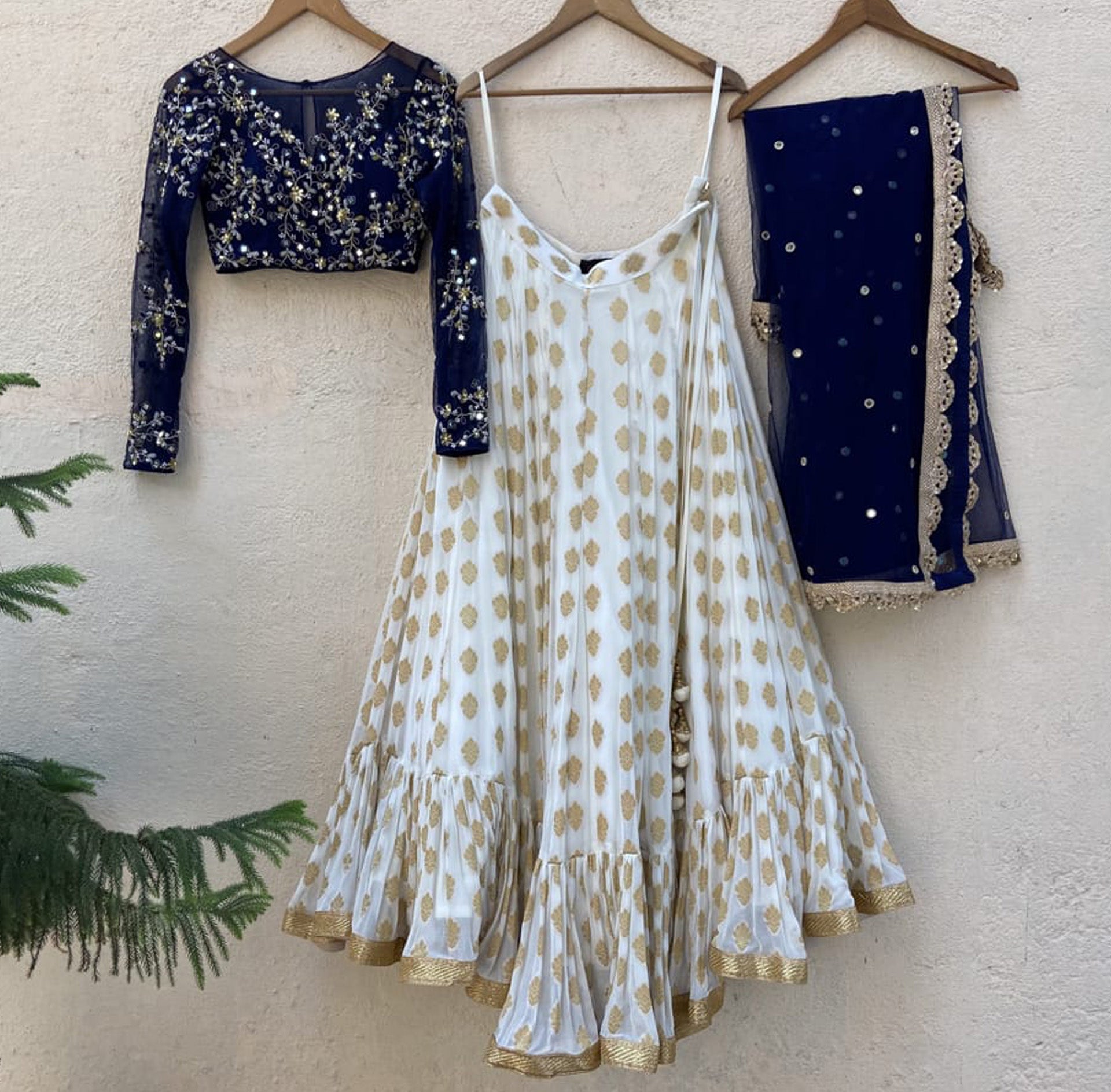 Ivory Lehenga with Navy Blue Blouse Set image 0