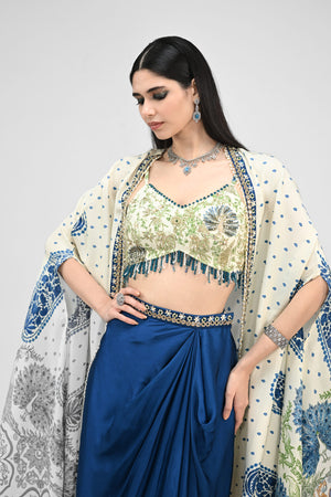 Peacock Printed Highlight Bralette Paired With Dhoti Set And Printed Cape image 3