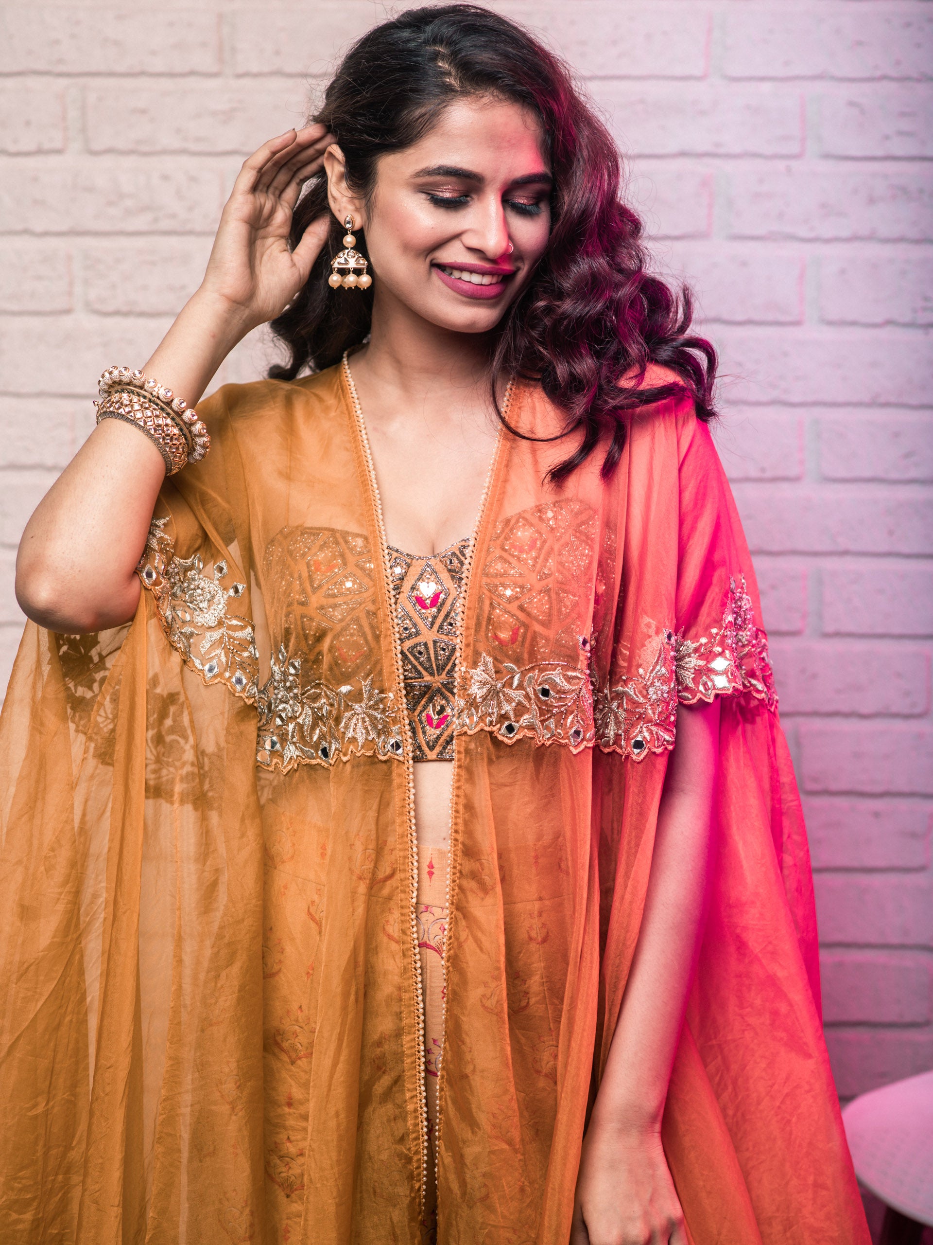 Mustard Sharara Set With Cape image 1