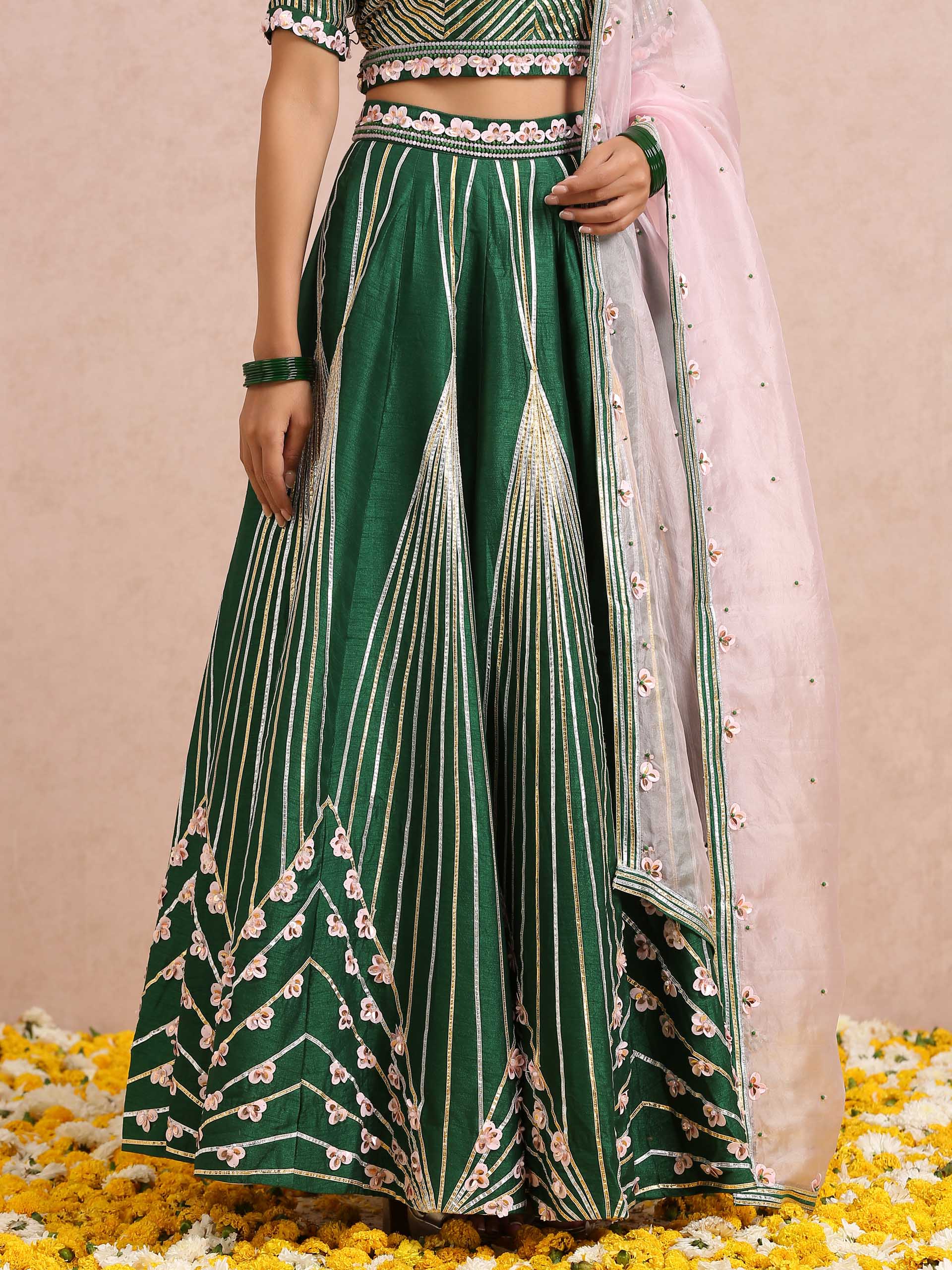 Green Embroidered Stripe Lehenga Set image 3