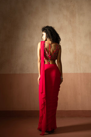 Pre-Draped Fuschia Pink Embroidered Georgette Saree With Corset Blouse image 6