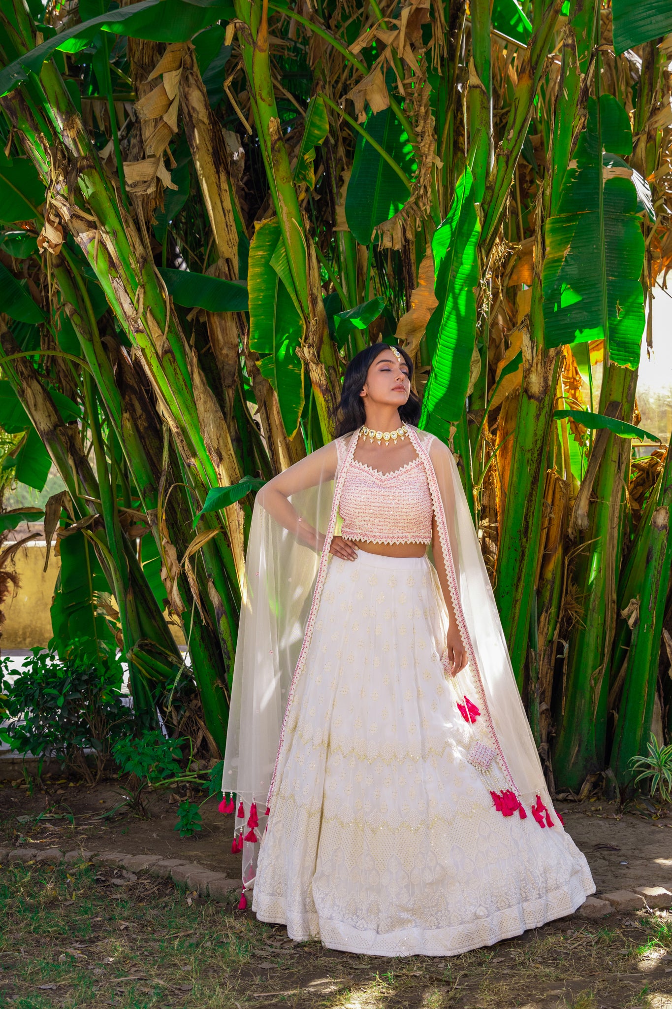 White &amp; Pink Georgette Thread Embroidered Lehenga Set image 1