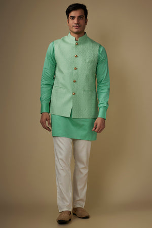 Mint Green Jacquard Jacket Kurta Set image 3
