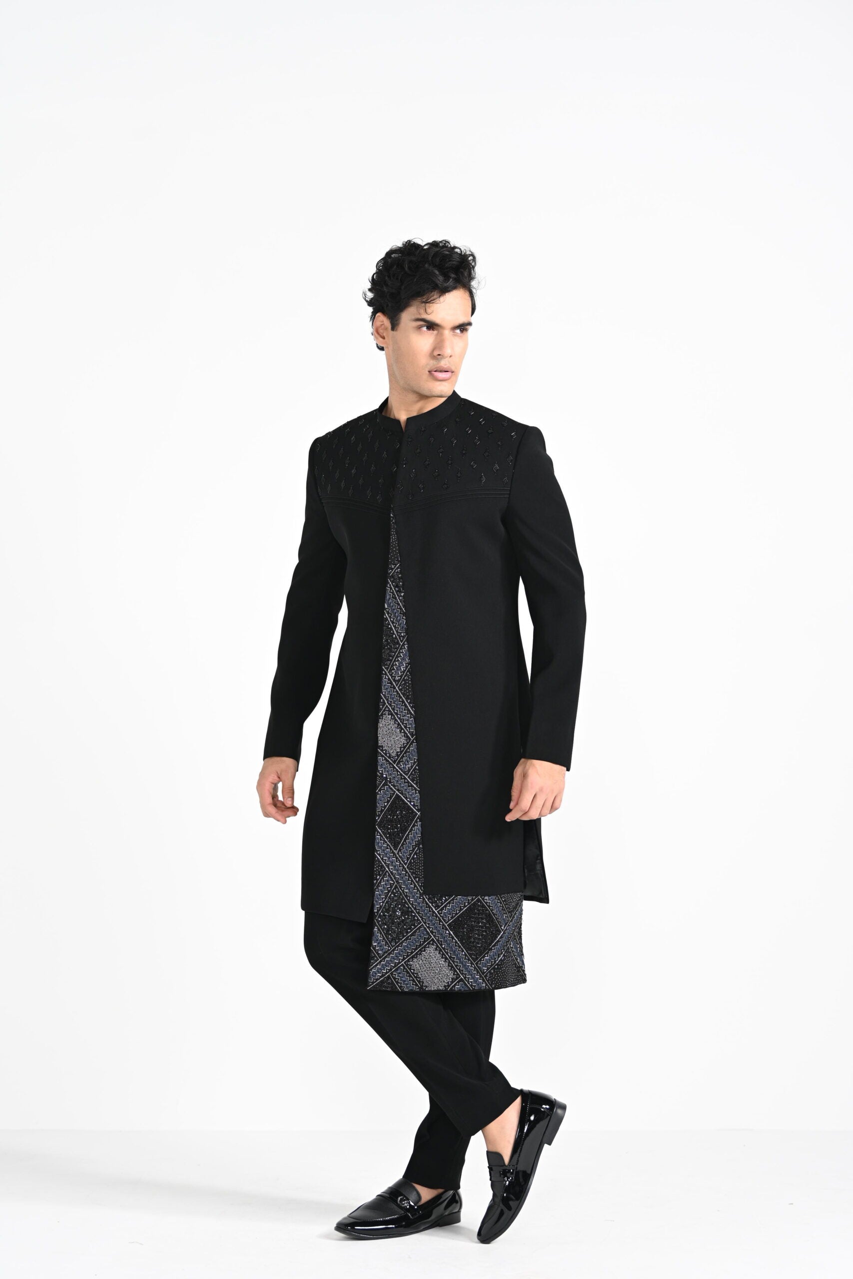 Black Panelled Achkan Set image 7