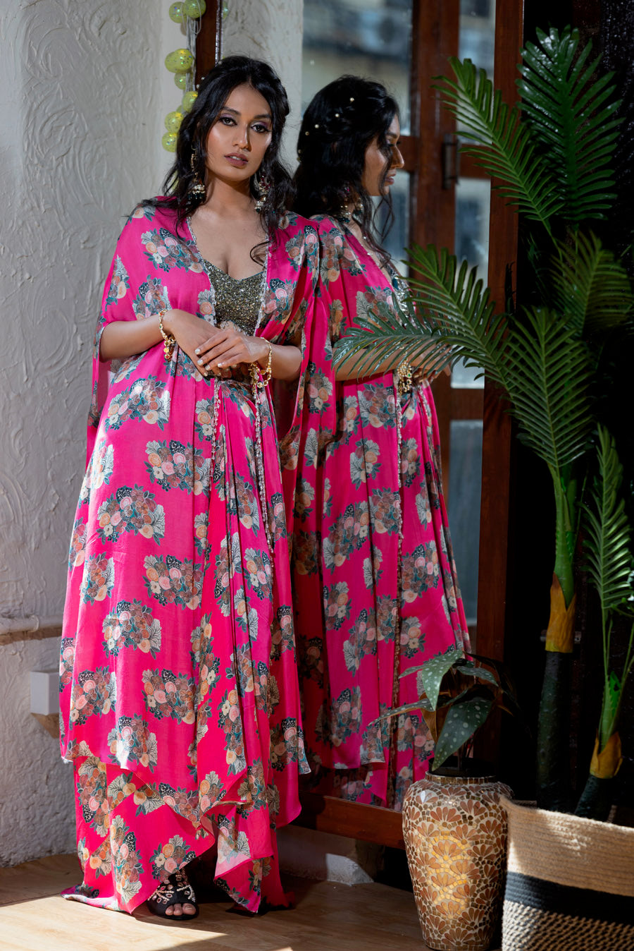 Fuchsia Pink Floral Draped Skirt and Cape Set - XS image