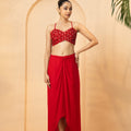 Red Embellished Cape and Dhoti Skirt Co-ord Set image 0