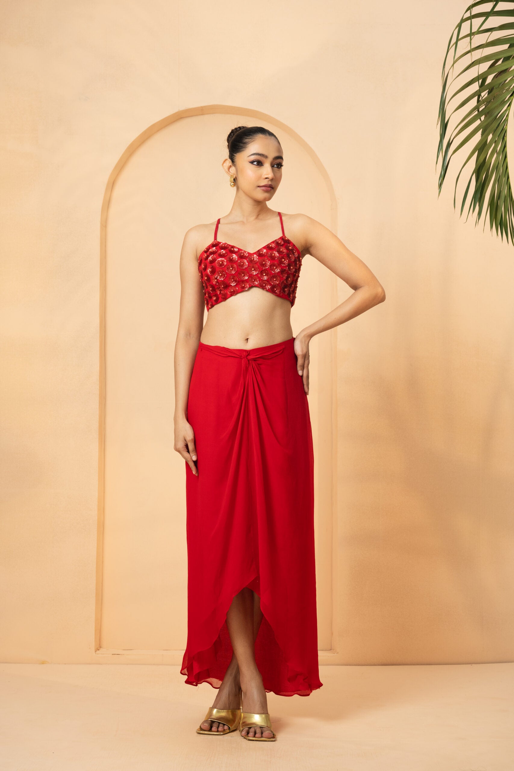 Red Embellished Cape and Dhoti Skirt Co-ord Set image 0