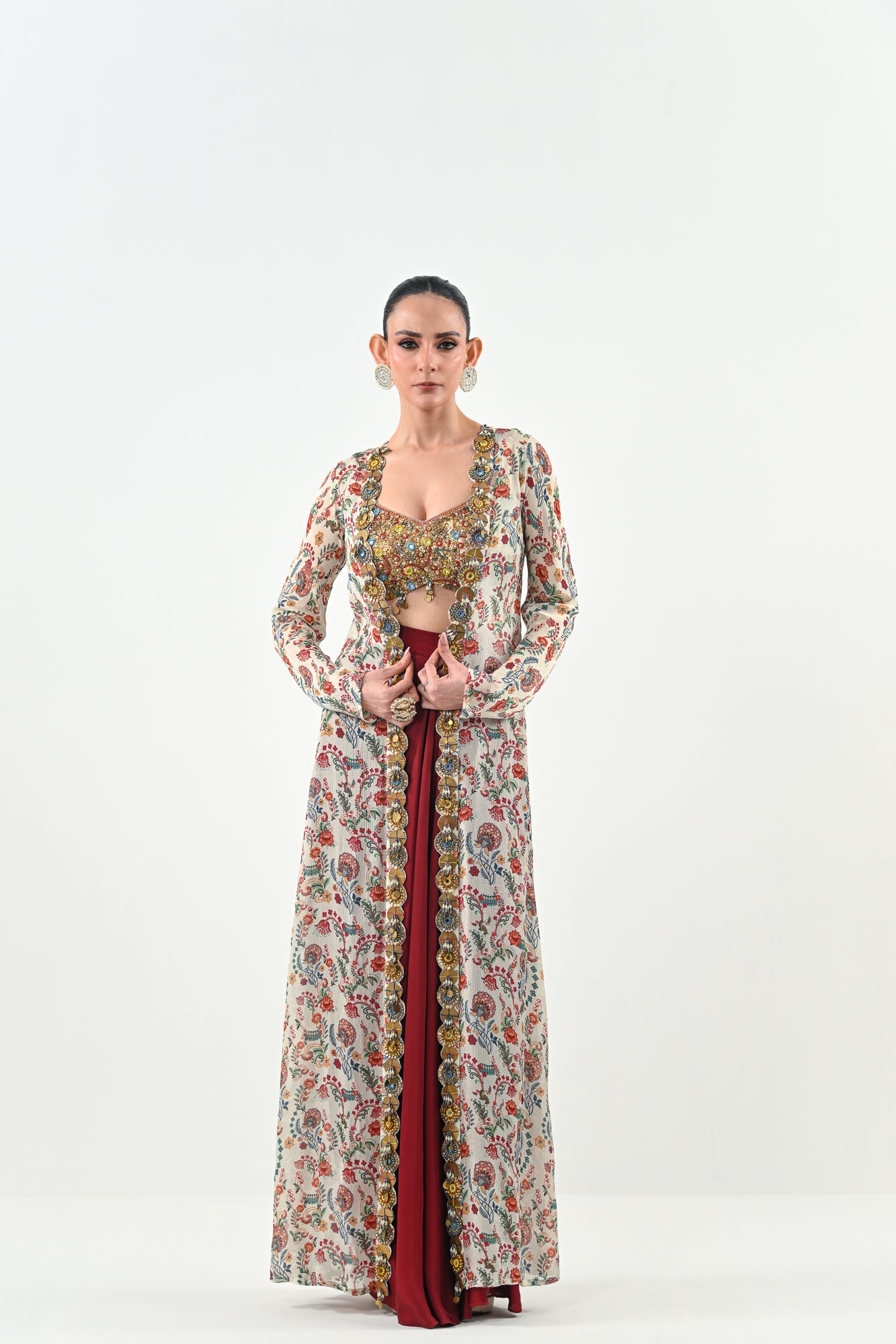 IB DHOTI SET PAIRED WITH EMBROIDERED BRALLETE AND JACKET image 0