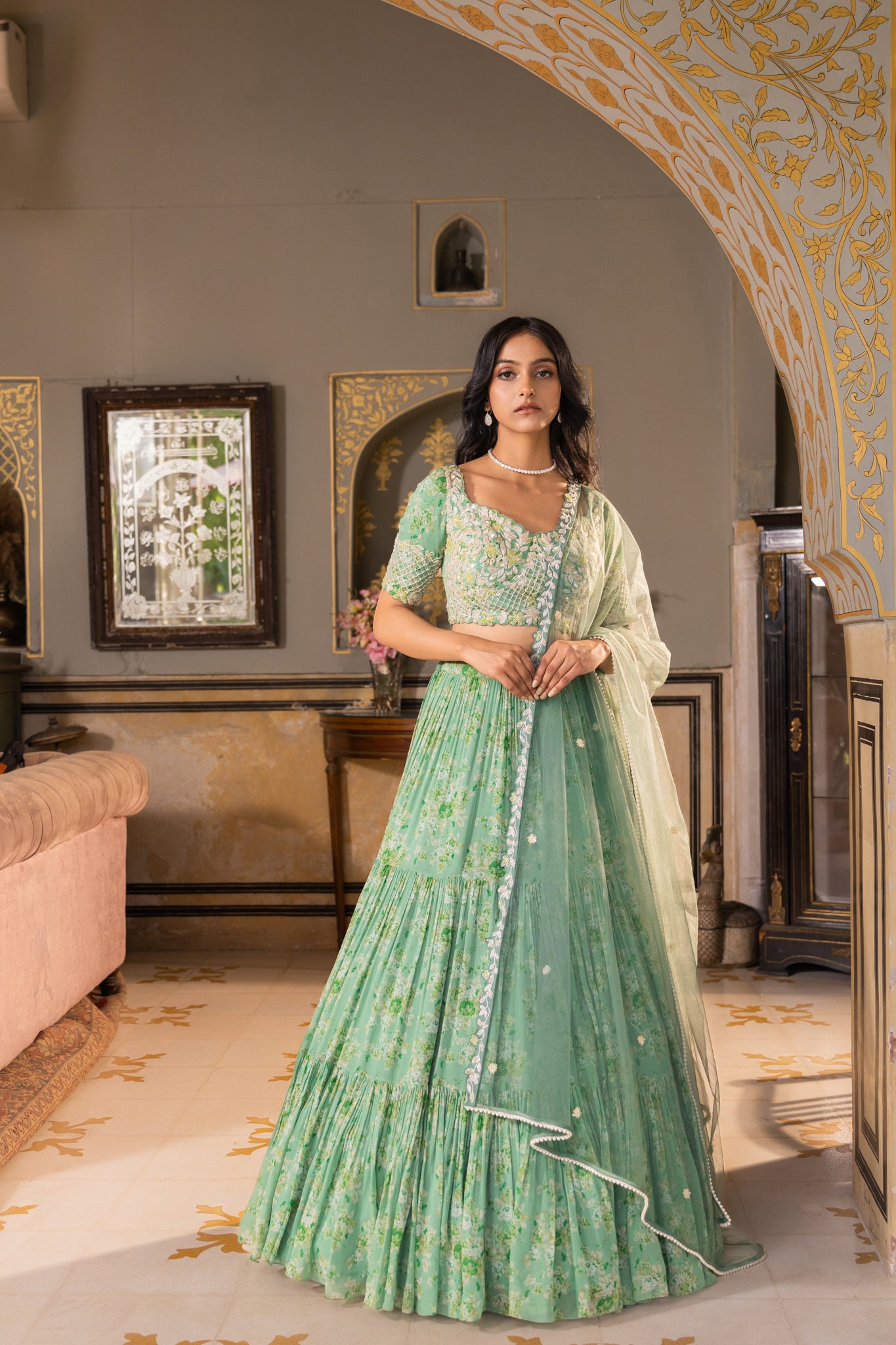 Green Embroidered Georgette Crepe Layered Lehenga Set image 1