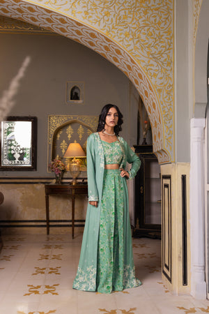 Green Georgette Hand Embroidered Jacket Set image 0