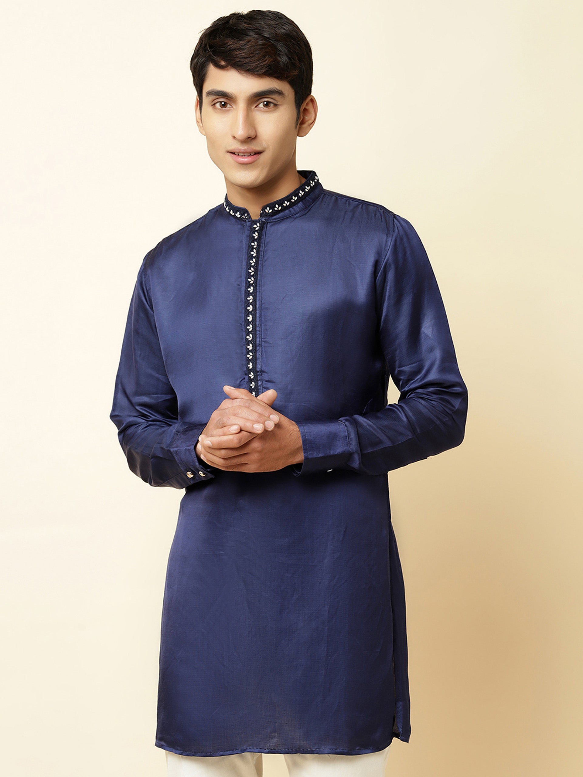 Navy Blue Satin Kurta image 3