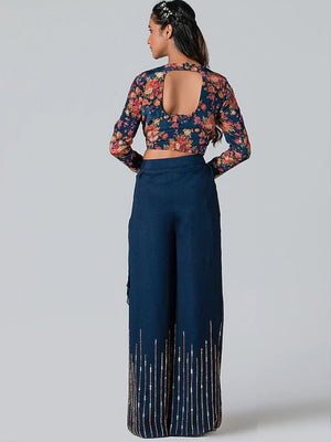 Dark Blue Floral Flared Pant Set image 2