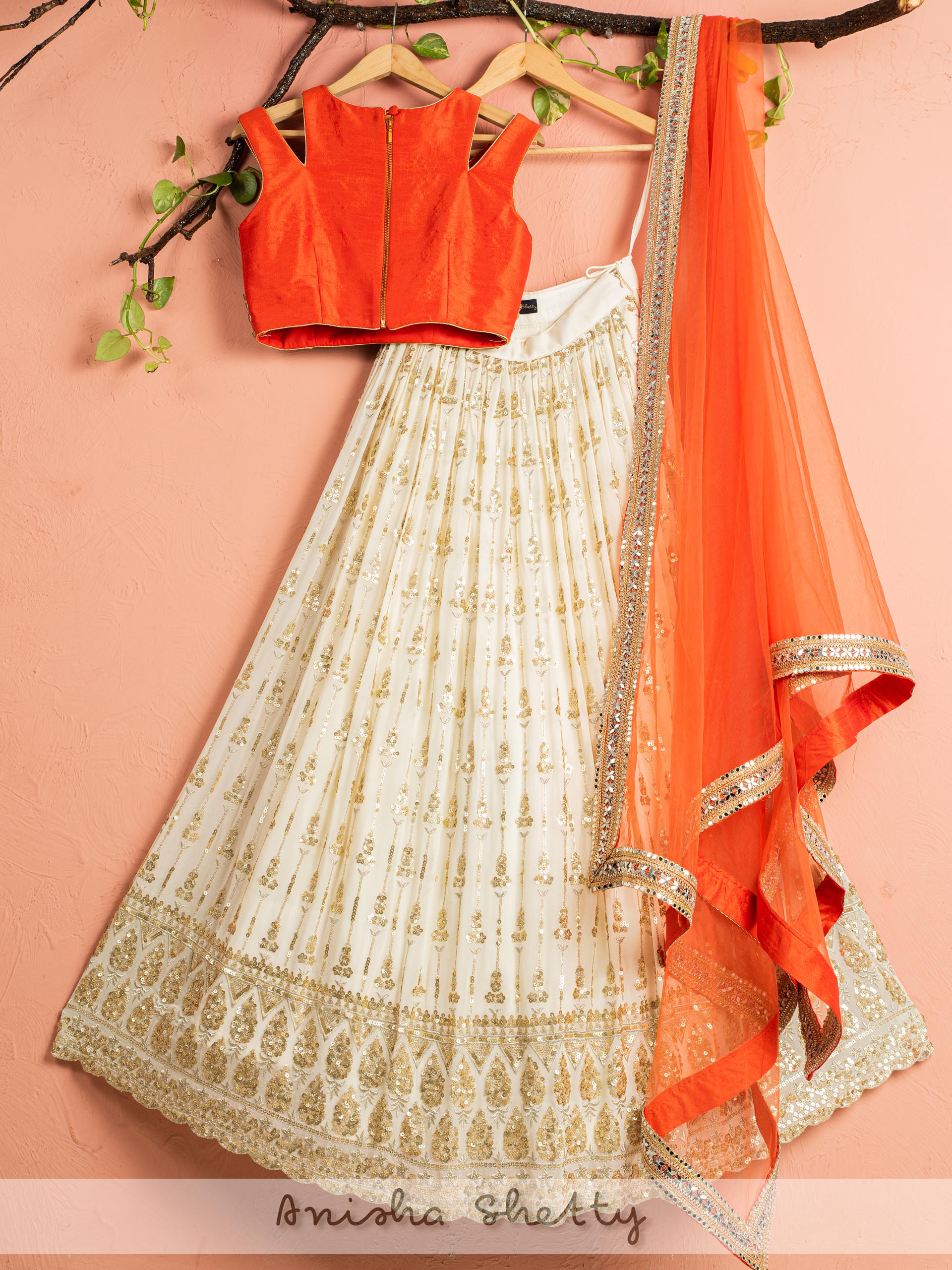 Ivory and Orange Mirror Lehenga Set image 1