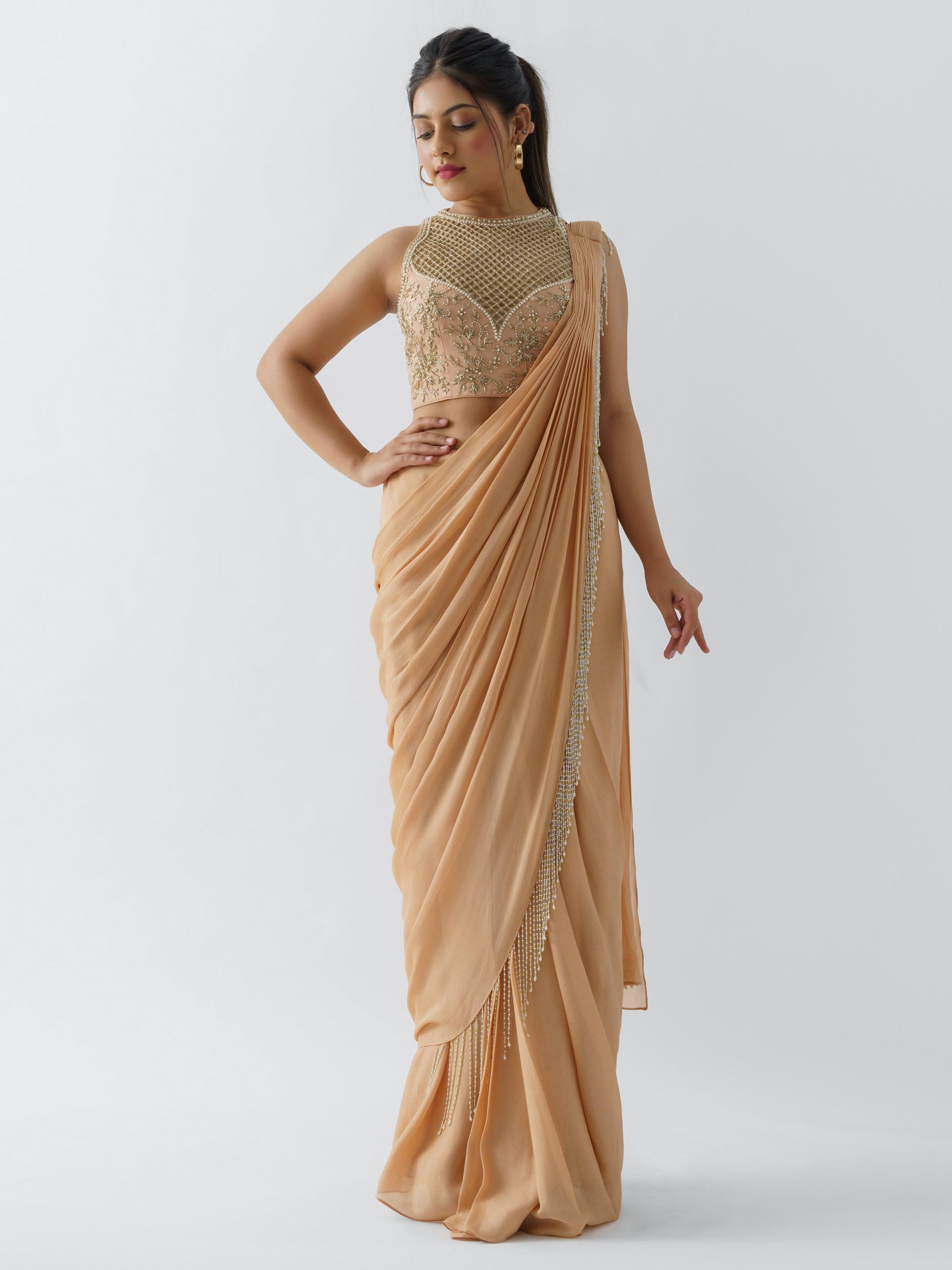 Peach Pre Drape Saree Set - L image