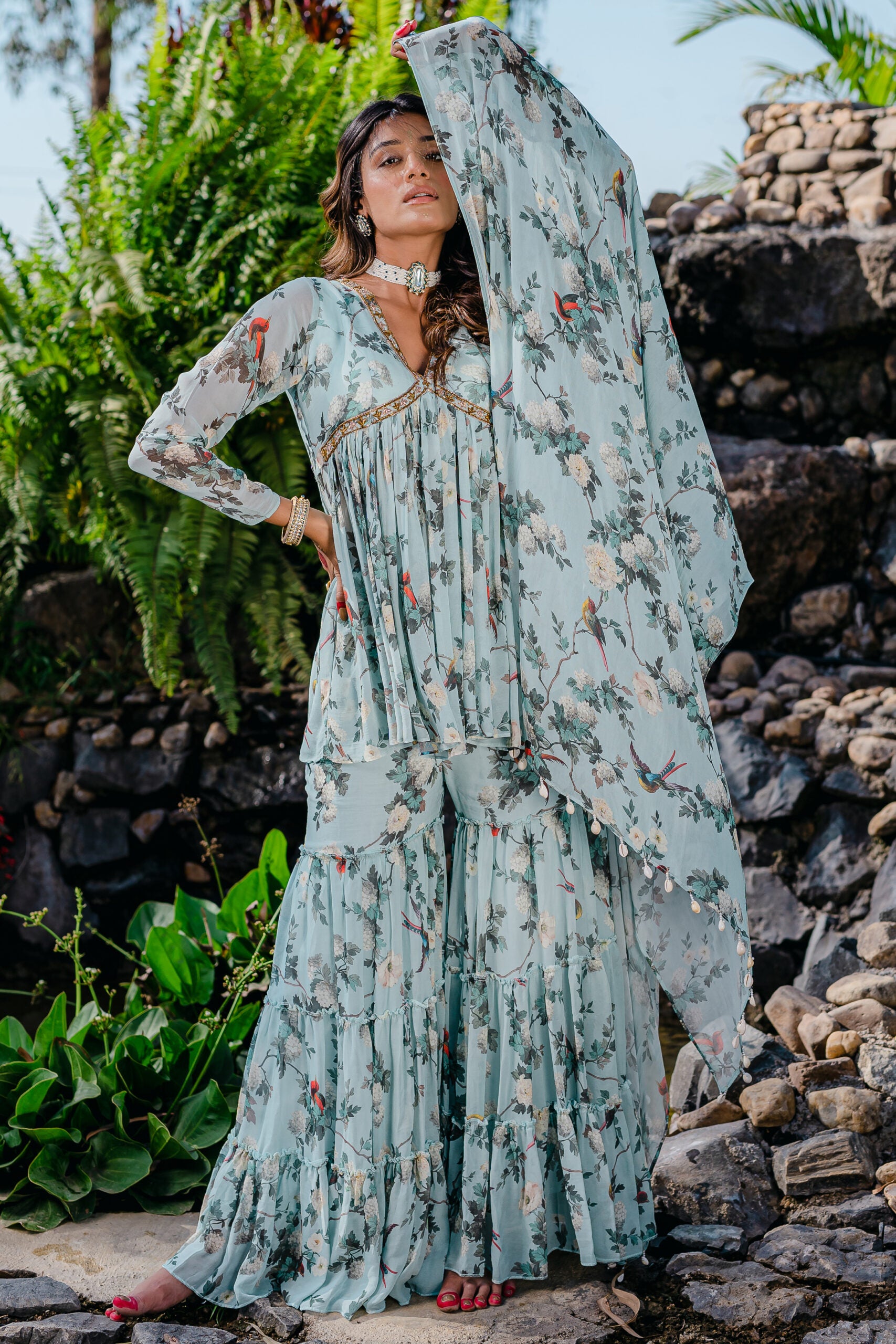 Powder Blue Printed &amp; Embroidered Sharara Set - S image