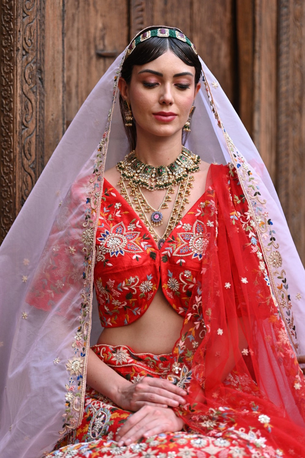 Red Peacock Embroidered Bridal Lehenga Set image 2
