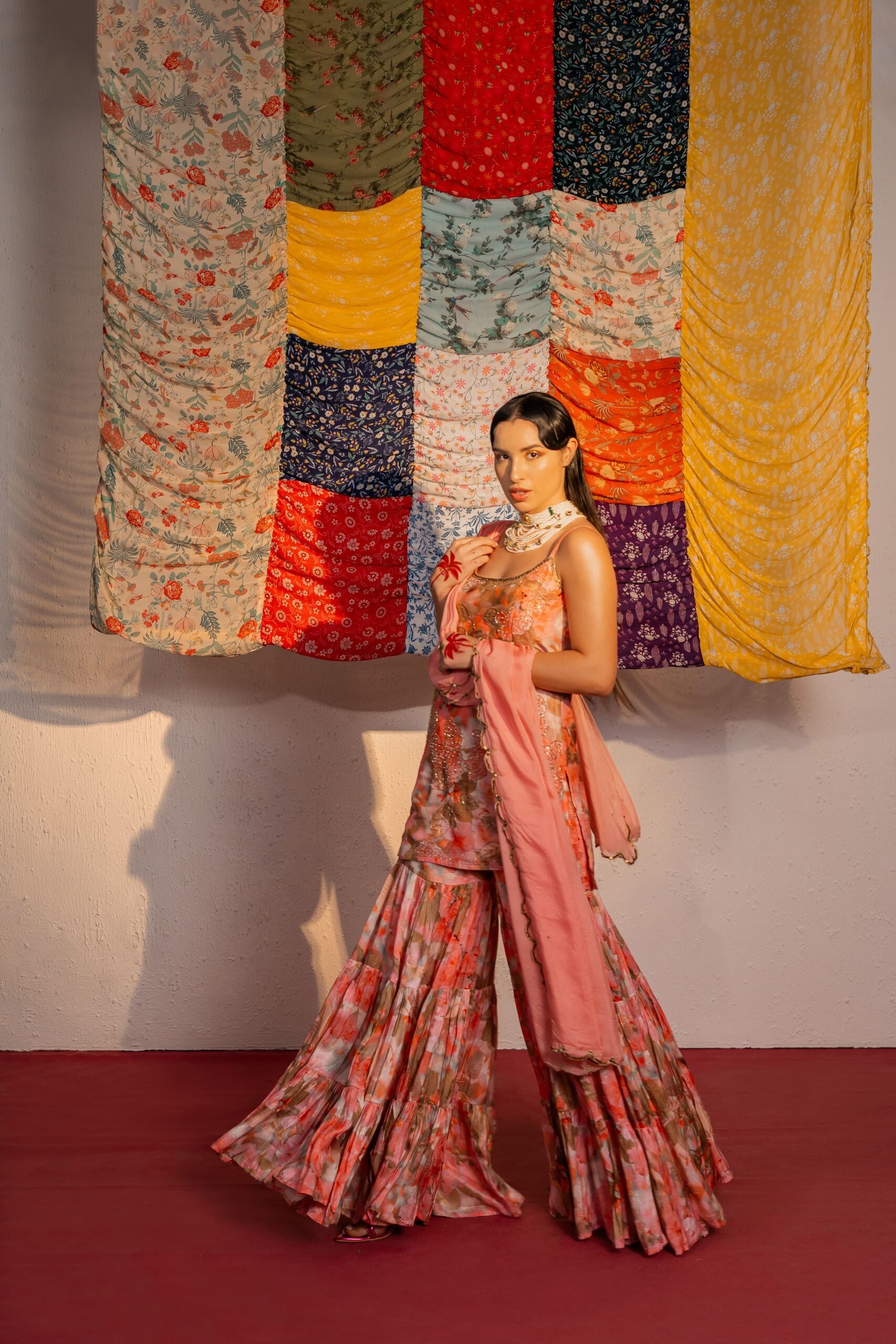 Coral Pink Embroidered And Printed Sharara Set image 7