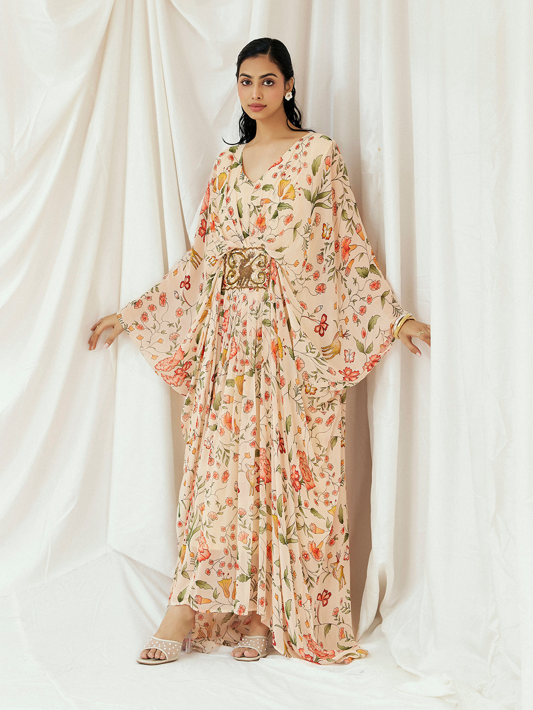 Floral White Printed Embroidered Kaftan image 2