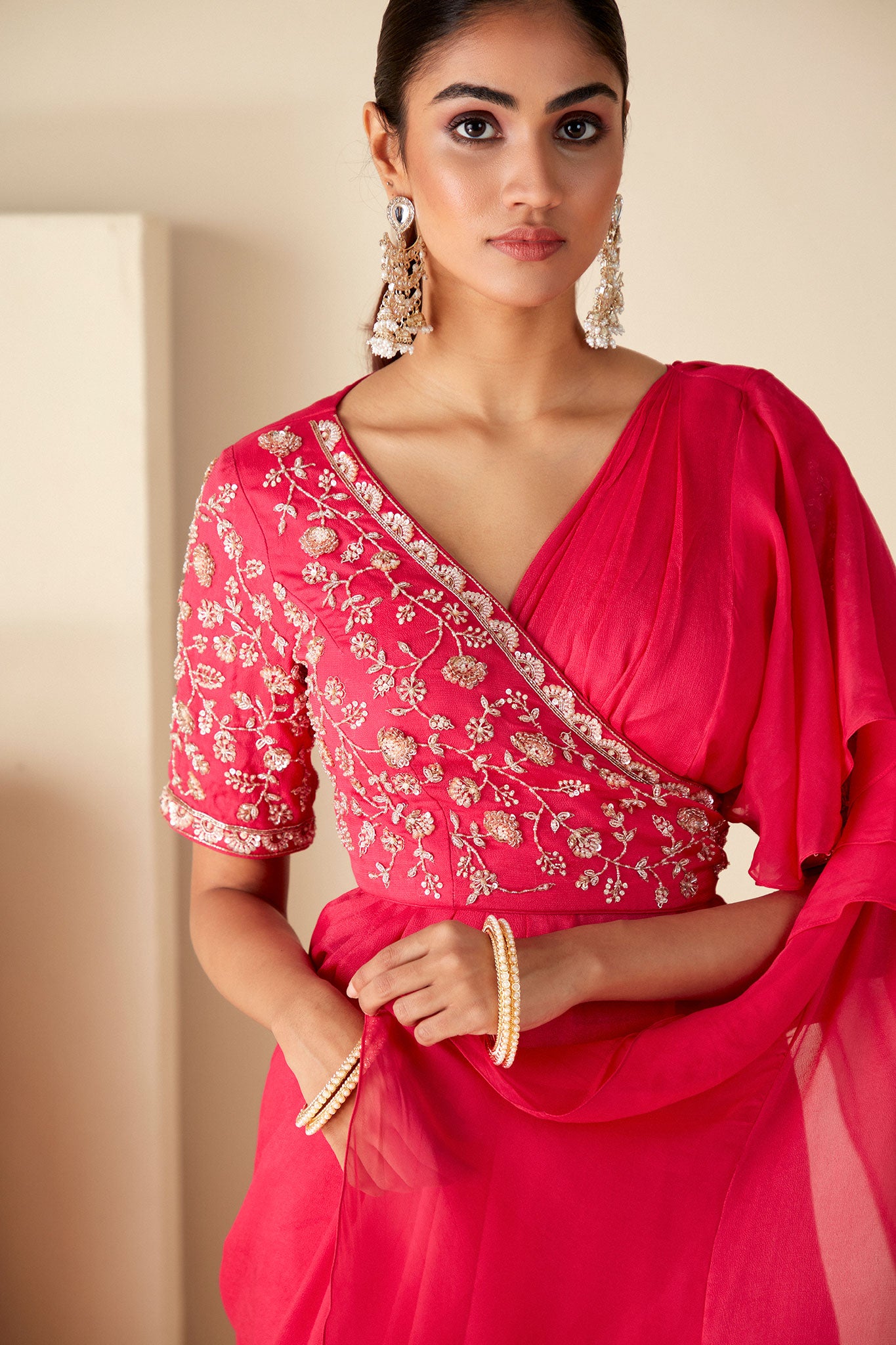 Pink Ruffle Pre-Drape Saree image 3