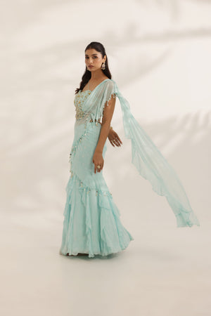 Sky Blue Ruffled Lehenga With Attached Pallu image 5