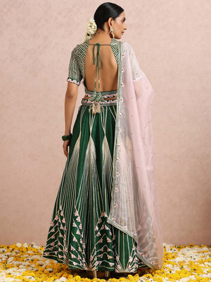Green Embroidered Stripe Lehenga Set image 2