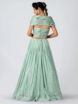 Sea Green Off Shoulder Lehenga Set image 1
