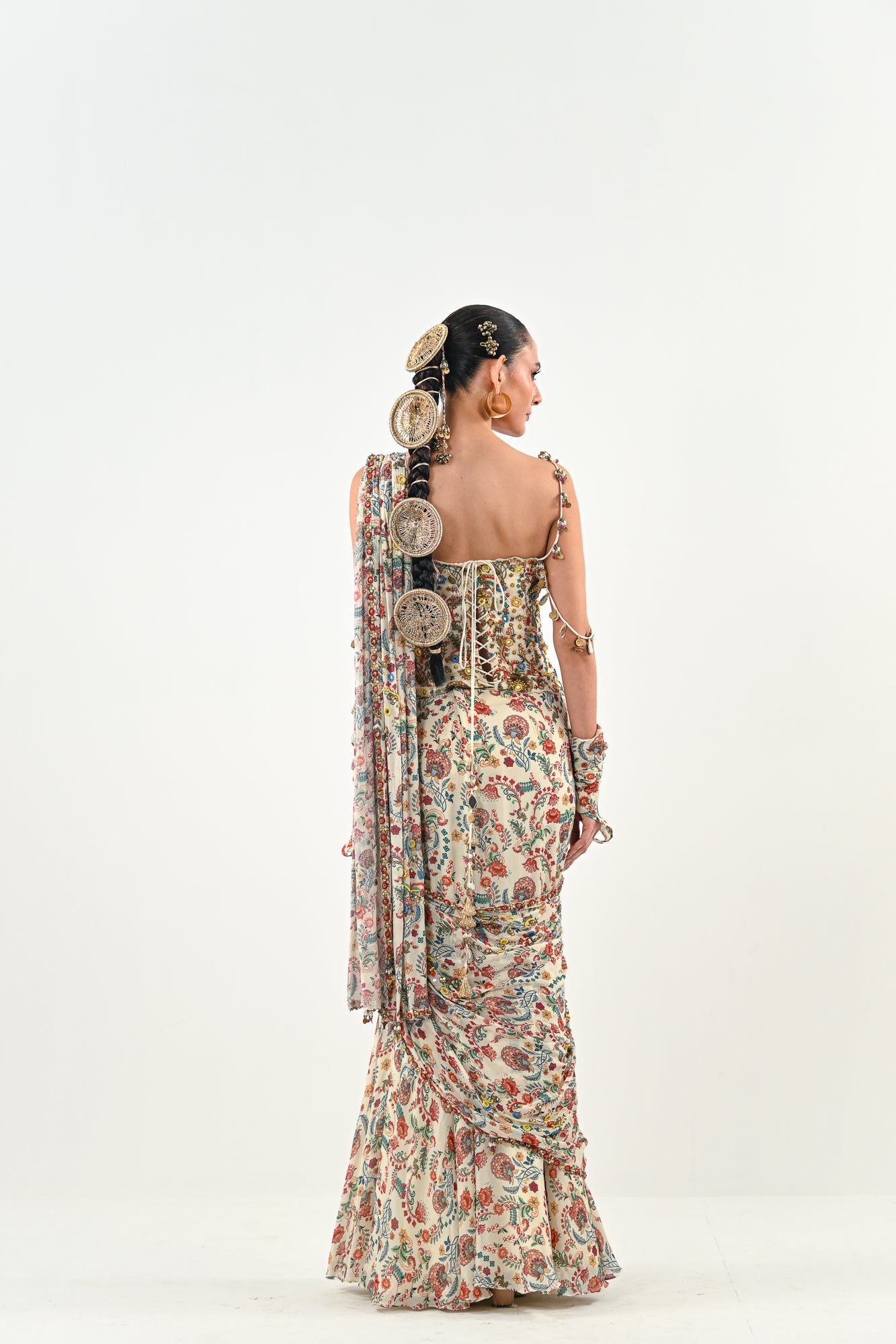 Highlighted Pre Stitched Peacock Saree Paired with Printed Highlighted Peacock Blouse image 1