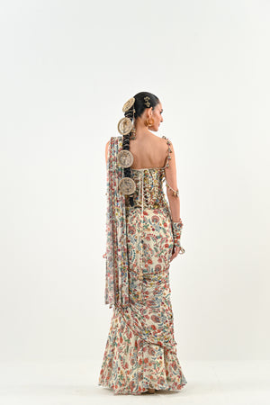 Highlighted Pre Stitched Peacock Saree Paired with Printed Highlighted Peacock Blouse image 1