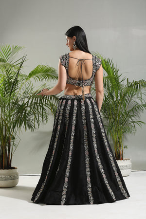 Black Thread and Mirror Hand Embroidered Lehenga Set image 4