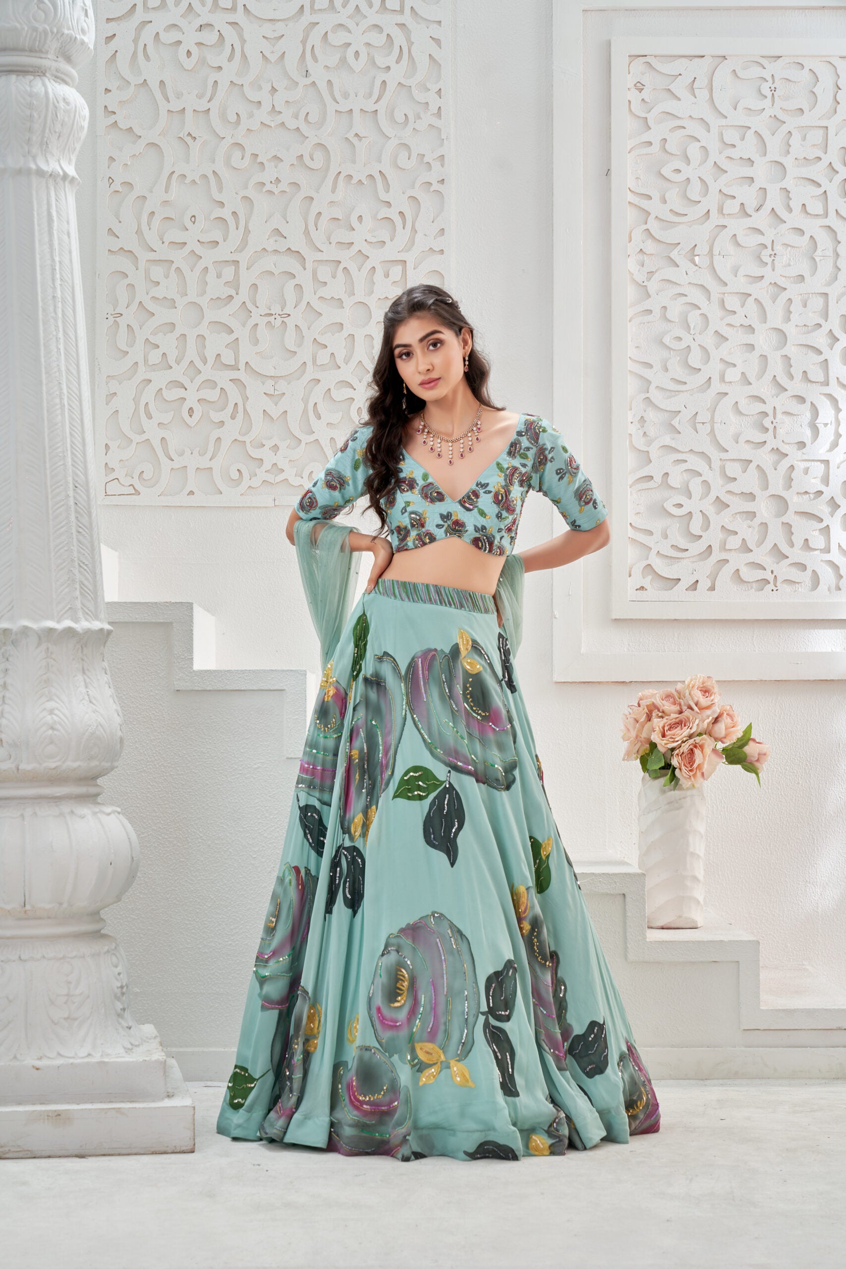 Dusty Blue hand painted lehenga set image 0