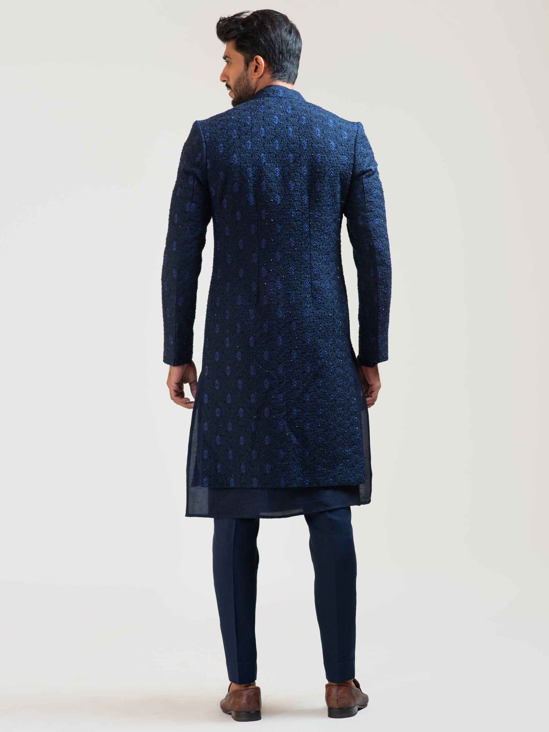 Navy Blue Leaf Open Achkan Coat Set image 2