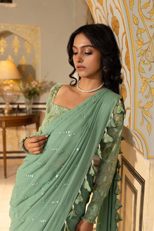 Sage Green Pre-Draped Saree image 3
