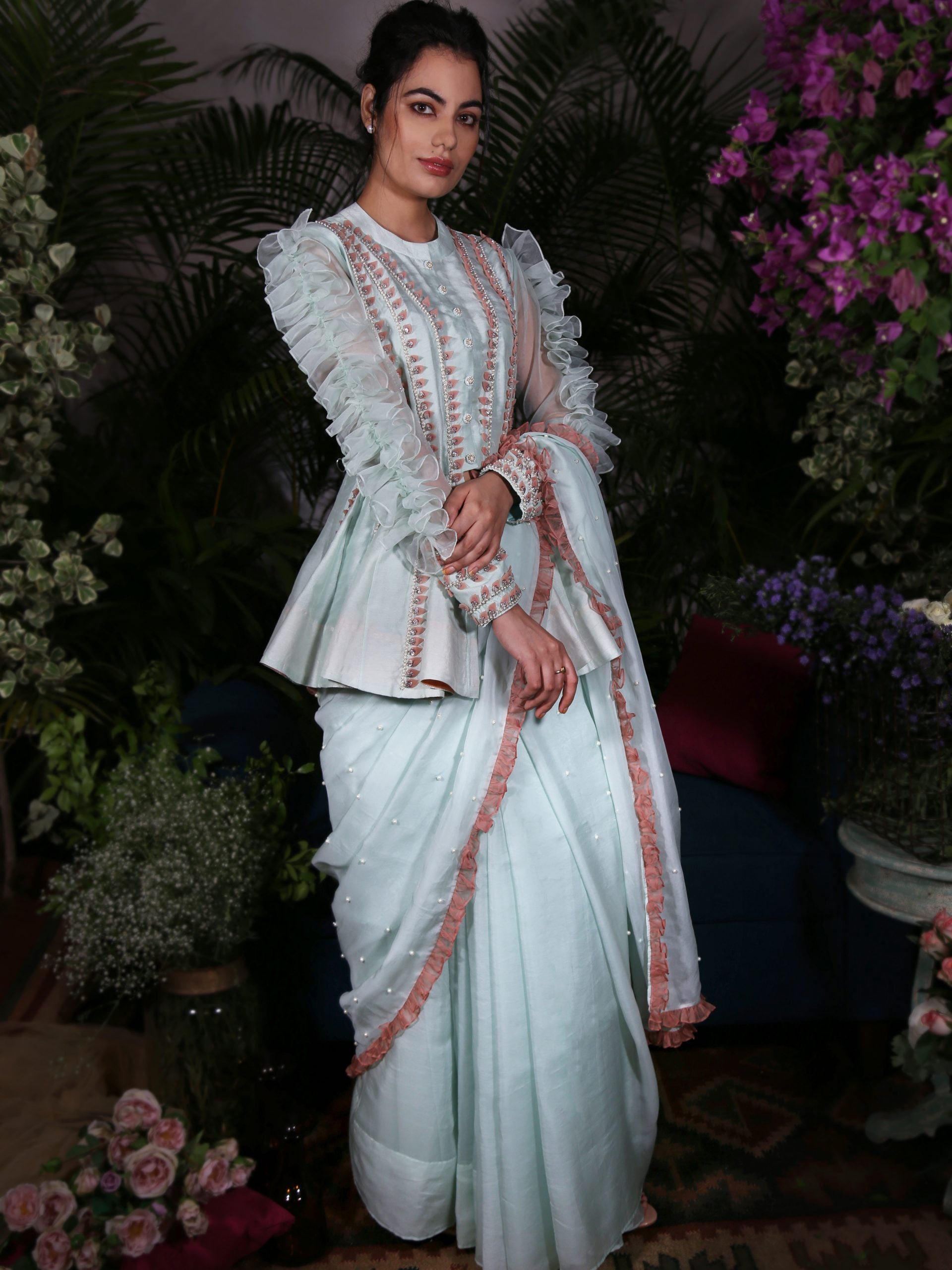 Sea Green Indo Western Saree Set - L image