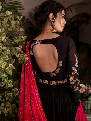 Black Anarkali with Pink Bandhani Dupatta image 1