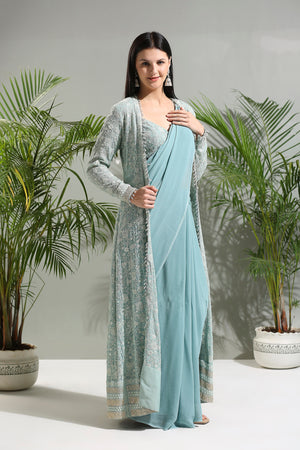 Dusty Blue Jacket and Saree Set image 2