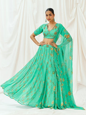 Turquoise Blue Printed Embroidered Lehenga Set with Dupatta - XL image