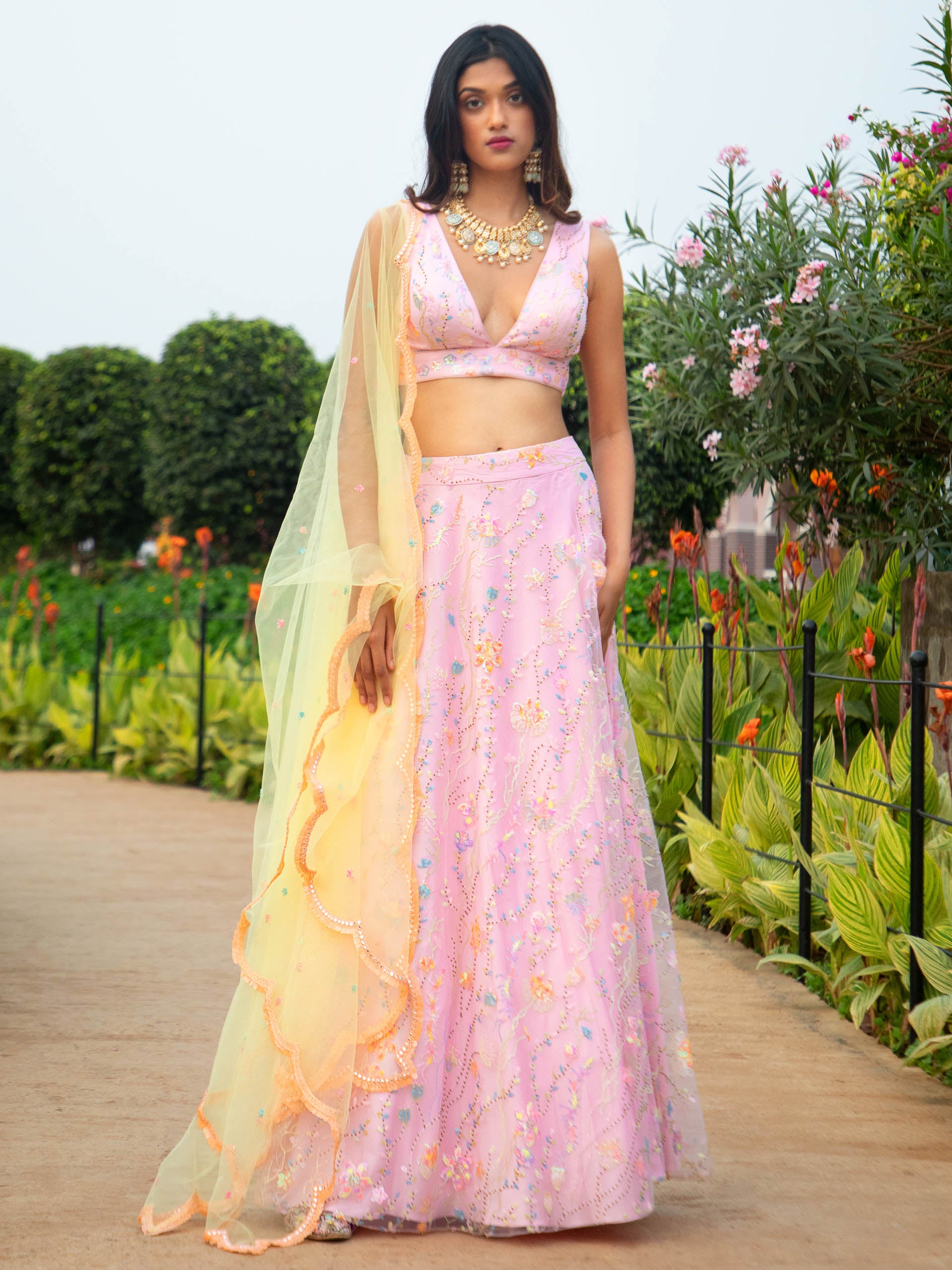 Pink Floral Multi Sequins Co-ord Set With Yellow Dupatta - M image
