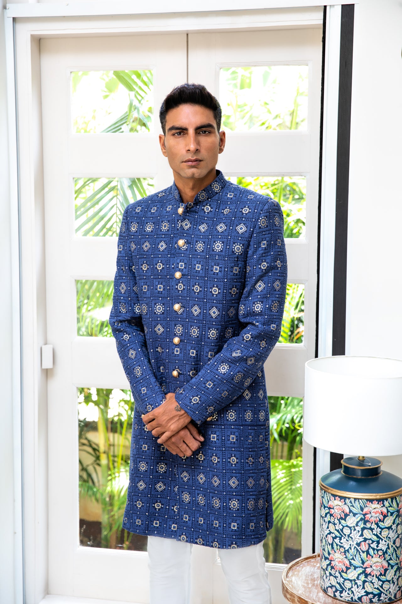 Navy Embroidered Sherwani Set image 3