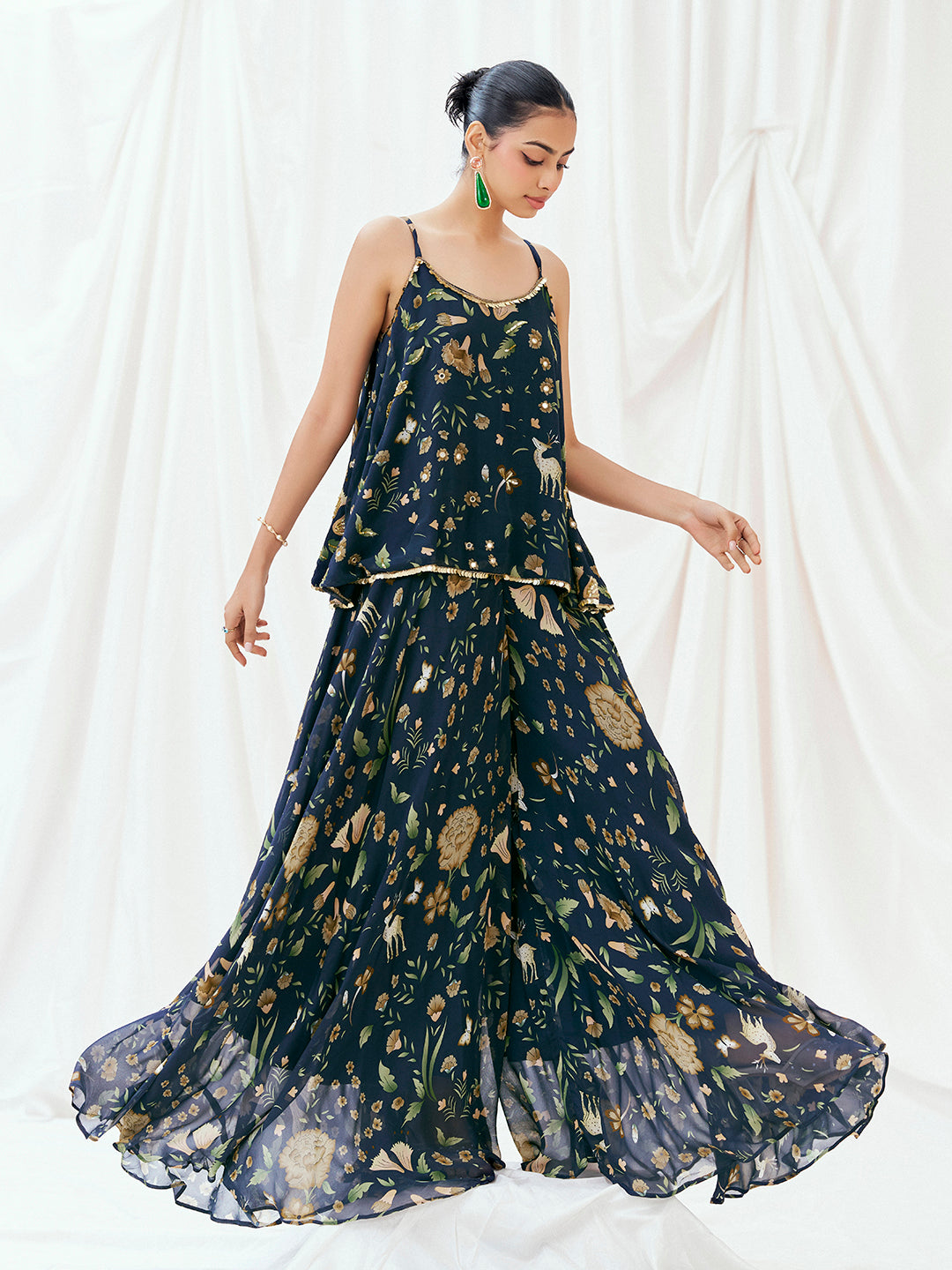 Navy Blue Printed Embroidered Peplum Sharara Set - M Navy Blue Printed Embroidered Peplum Sharara Set - M