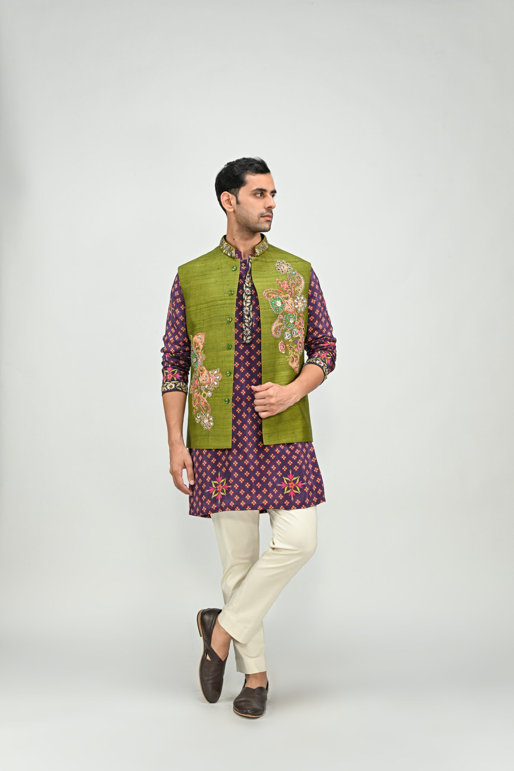 Plum Kurta Paired with Patch Olive Bundi  Pant Set image 0
