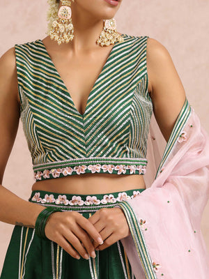 Green Embroidered Stripe Lehenga Set with Sleeveless Blouse image 1