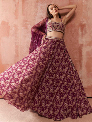 Wine Floral Print Co-Ord Lehenga Set - Custom image