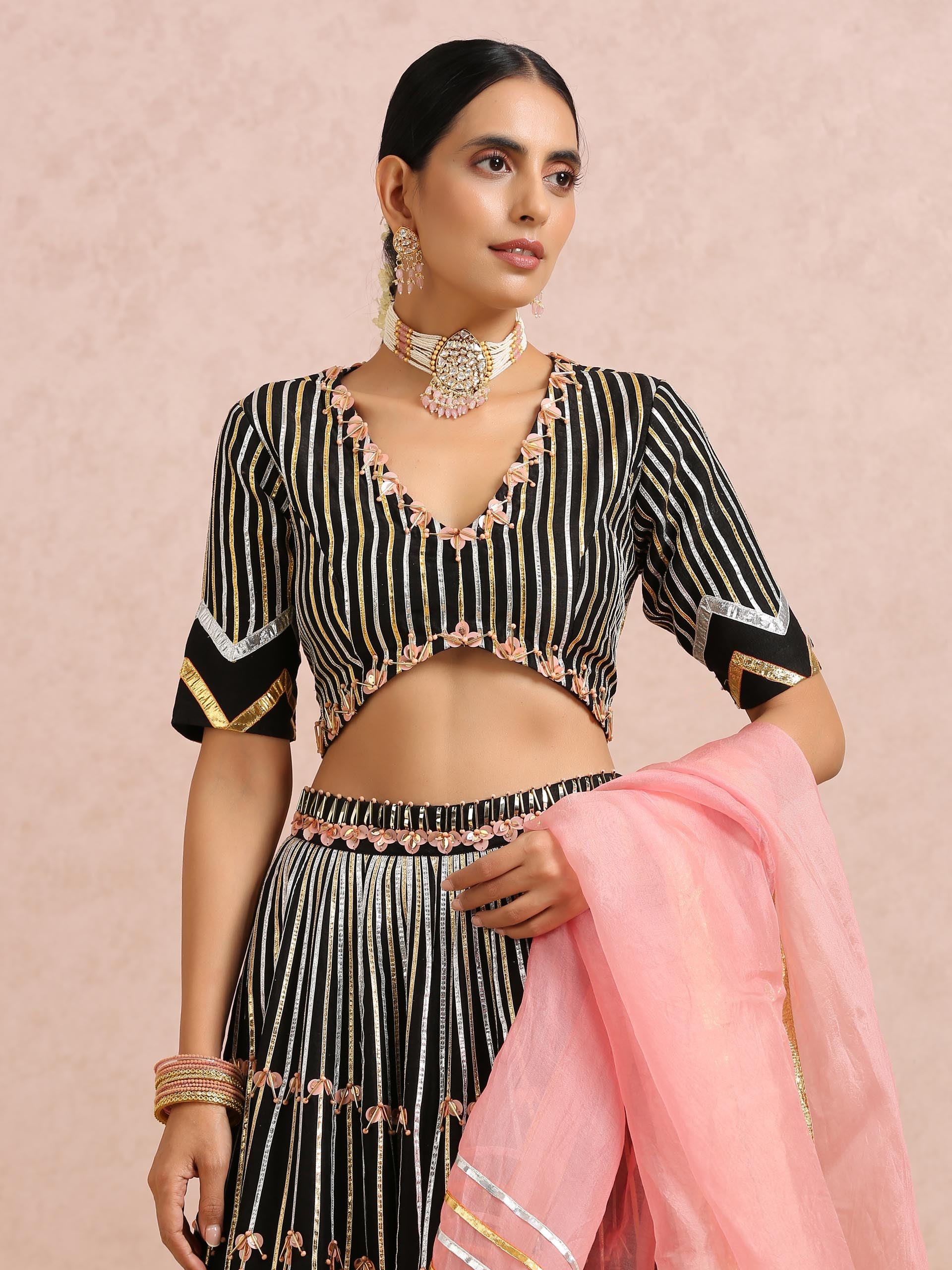 Black Embroidered Stripe Lehenga Set image 7