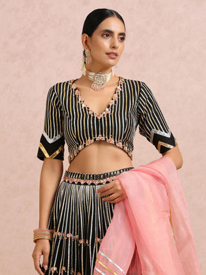 Black Embroidered Stripe Lehenga Set image 7