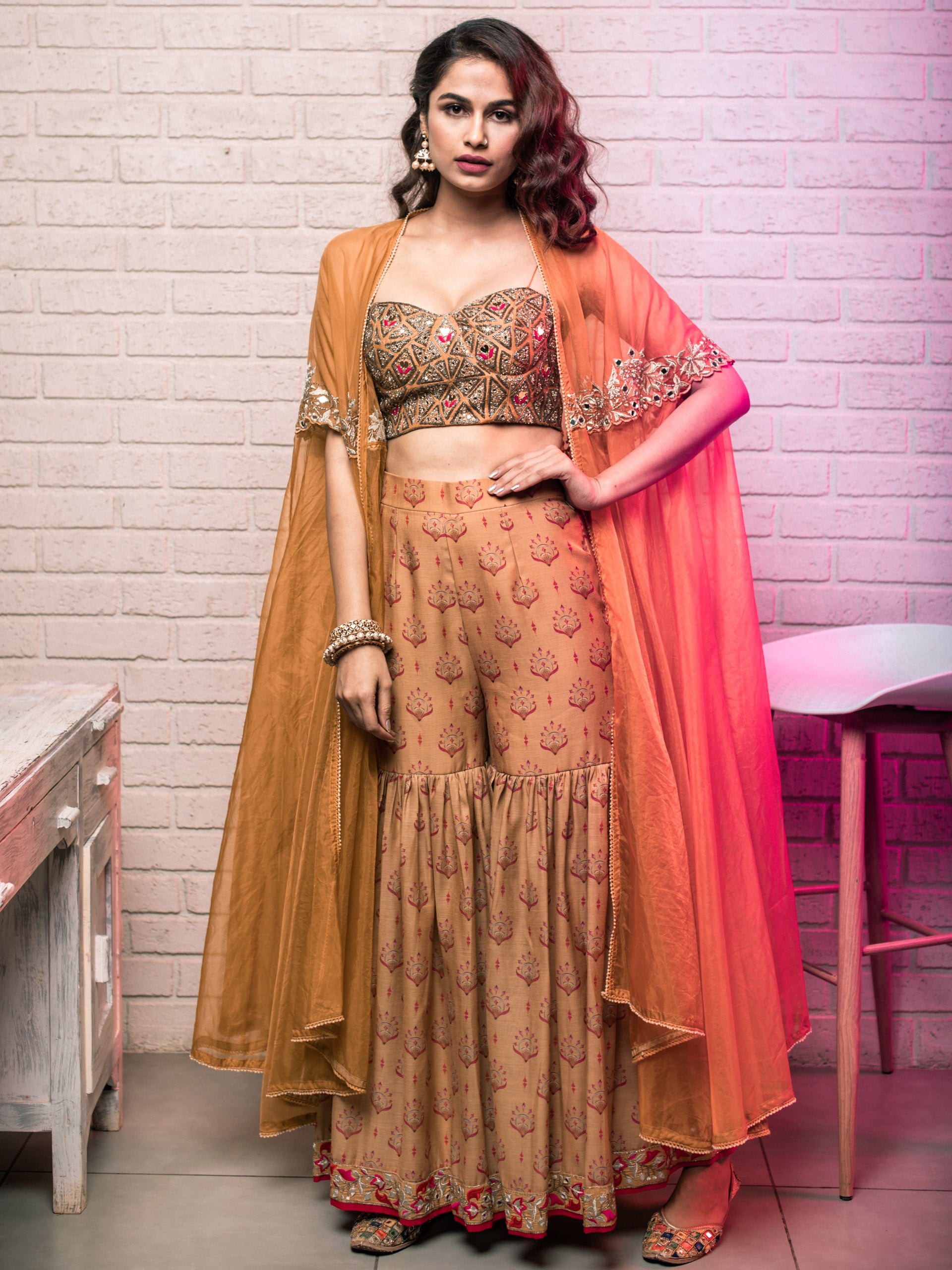 Mustard Sharara Set With Cape image 0