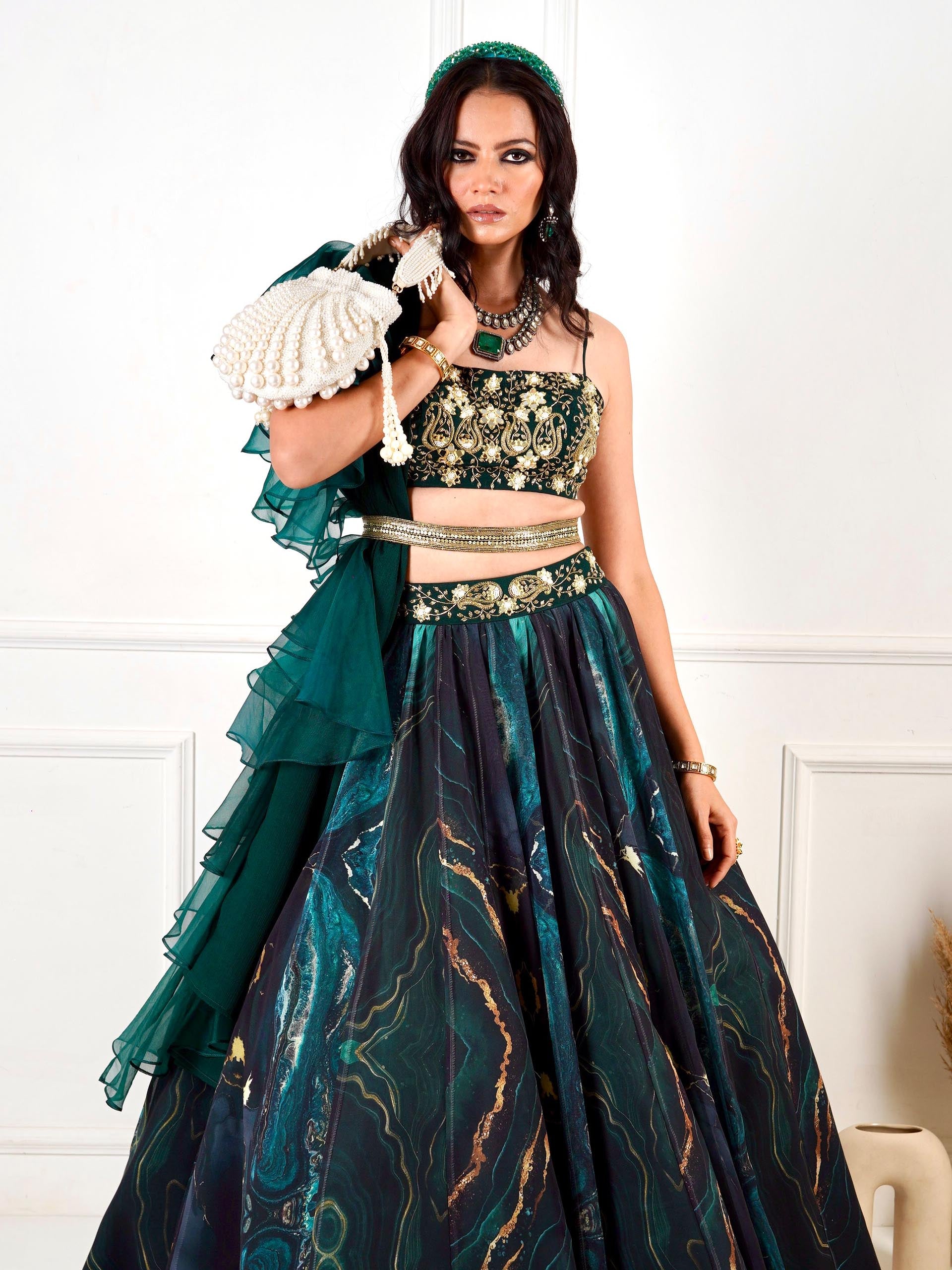 Green Meesha Marble Lehenga Set image 12