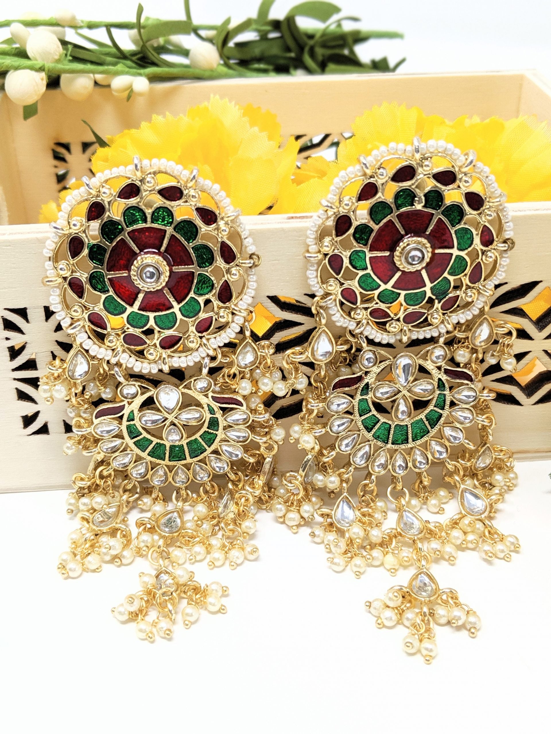 Meenakari Circle Earrings - Red and Green image