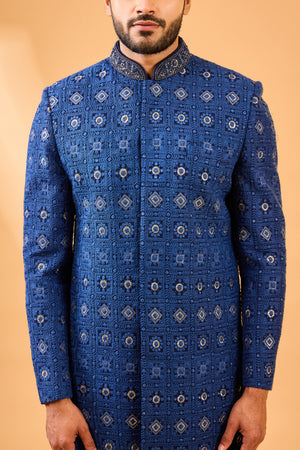 Navy Blue Embroidered Sherwani Set image 5